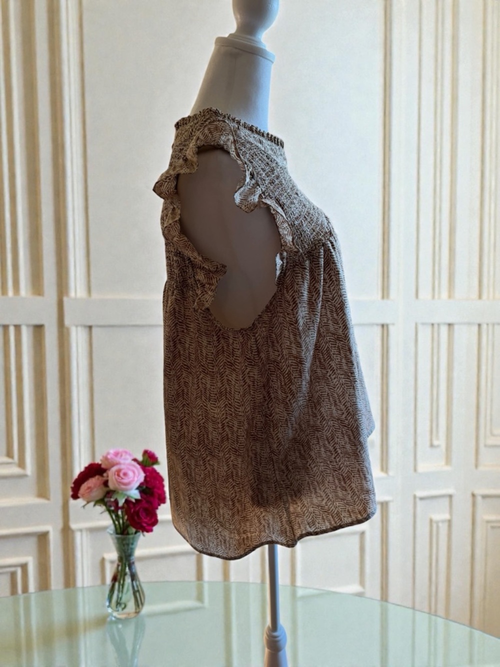 THML Cream and Brown Printed Flutter Sleeve Dress - Picture 5 of 7